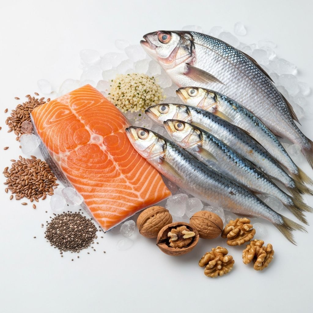 Omega-3 rich foods including seafood and seeds